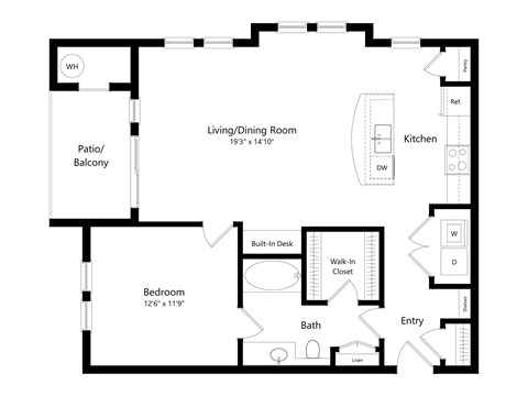 Floor plan for 1 bed, 1 bath, 855 sqft
